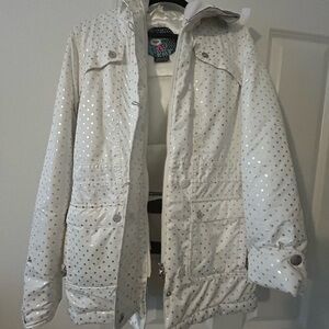 Roxy Women’s Ski Snowboarding Snow Jacket with hood White and Silver polka dot